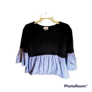 KINLY Womens Layered Poplin Top Black/ White & Blue Pin Stripped XS